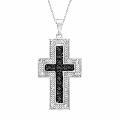 9ct White Gold 0.15ct Black and White Diamond 14.5mm x 32.7mm Cross Pendant