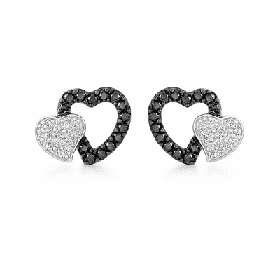 9ct White Gold 0.40ct Black and White Diamond Double-Heart Stud Earrings