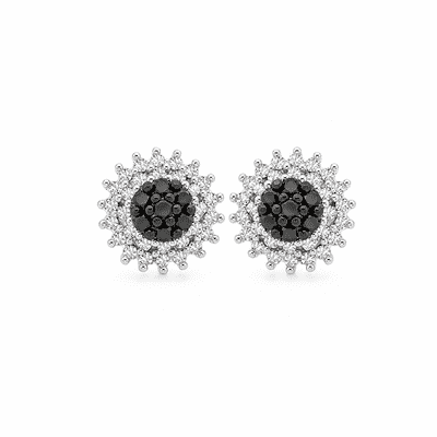 9ct White Gold 0.50ct Black and White Diamond Cluster 9mm Stud Earrings
