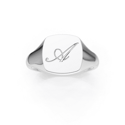 9ct White Gold 10mm x 10mm Personalised Initial Cushion Signet Ring