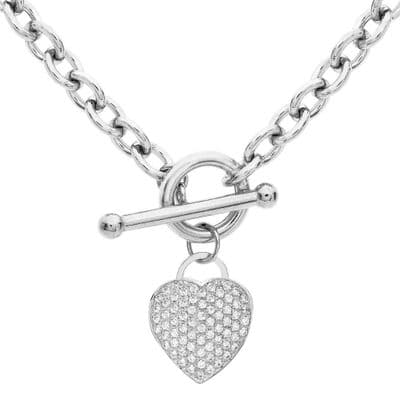 9ct White Gold 17 Inch Diamond Heart Charm Oval Belcher Albert T-Bar Necklace