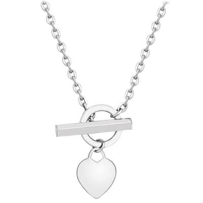 9ct White Gold 18 Inch Belcher Chain Heart Charm Squared T-Bar Necklace