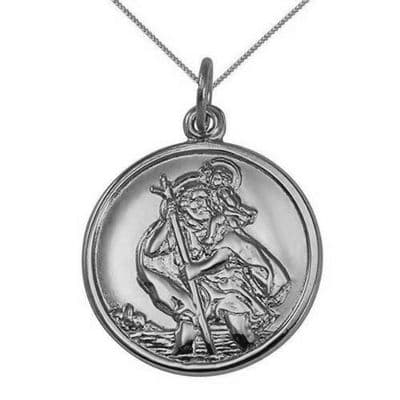 9ct White Gold 22mm Round St Christopher Pendant Necklace