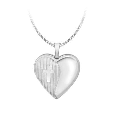 9ct White Gold 25mm Etched Cross Detail Heart Locket