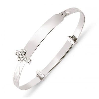 9ct White Gold Childrens Expandable Bangle with CZ Cross