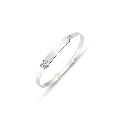 9ct White Gold Childrens Expandable CZ Heart ID Bangle