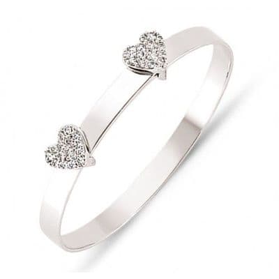 9ct White Gold Childrens Expandable Double CZ Hearts Bangle