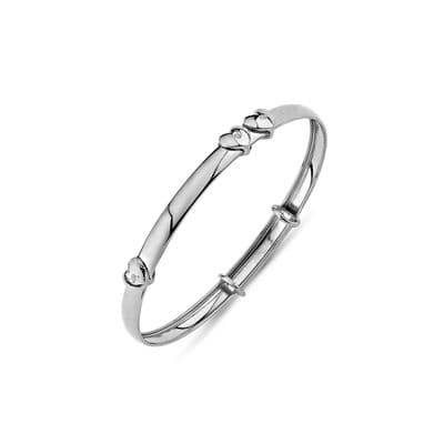 9ct White Gold Childrens Expandable Floating CZ Hearts Bangle