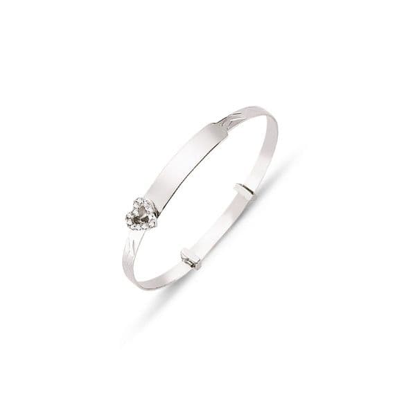 9ct White Gold Childrens Expandable Open CZ Heart ID Bangle