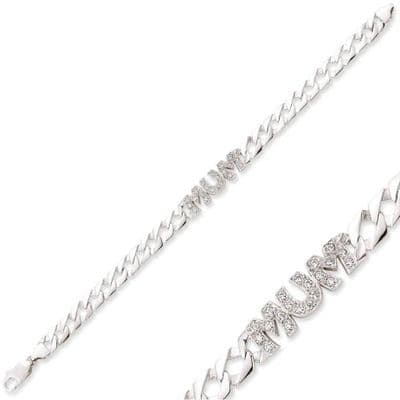 9ct White Gold Cubic Zirconia Mum Curb Bracelet