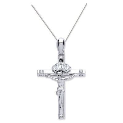 9ct White Gold CZ Crucifix Cross Pendant