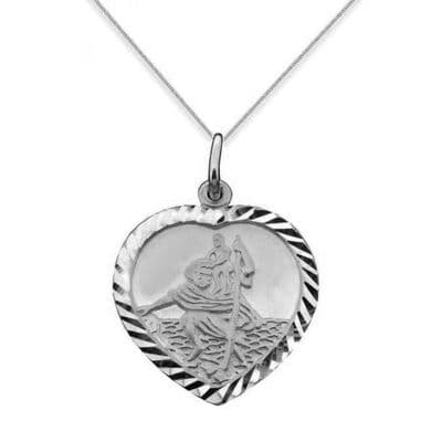 9ct White Gold Heart Shaped Diamond Cut St Christopher Pendant Necklace