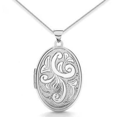 9ct White Gold Patterned Oval Locket