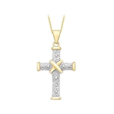 9ct Yellow Gold 0.04ct Diamond 14mm x 25mm Cross Pendant