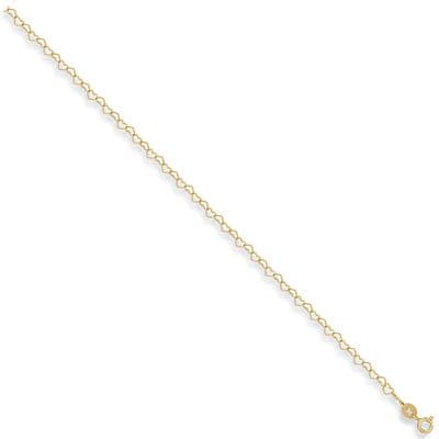 9ct Yellow Gold 10 Inch Heart Shaped Anklet