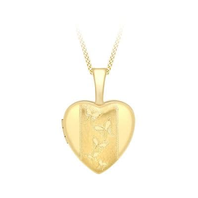 9ct Yellow Gold 12mm Etched Butterfly Detail Heart Locket
