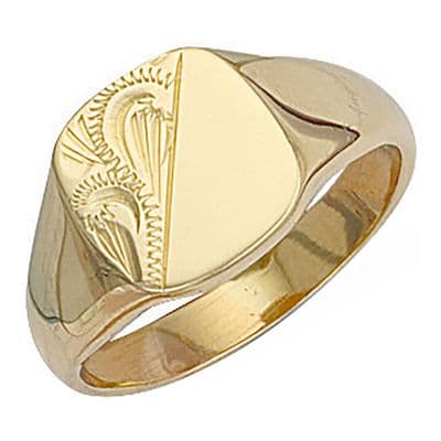 9ct Yellow Gold 12mm x 12.2mm Half Engraved Cushion Signet Ring