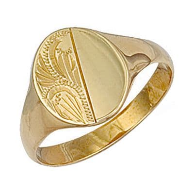 9ct Yellow Gold 12mm x 12.5mm Half Engraved Oval Signet Ring