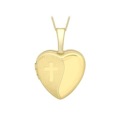 9ct Yellow Gold 12mm x 18mm Etched-Cross-Detail Heart Locket