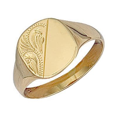 9ct Yellow Gold 13mm x 12.5mm Half Engraved Cushion Signet Ring