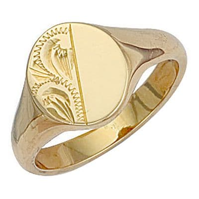 9ct Yellow Gold 13mm x 14mm Half Engraved Oval Signet Ring