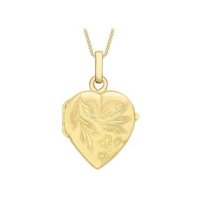 9ct Yellow Gold 16mm x 25mm Engraved-Flower Heart Locket