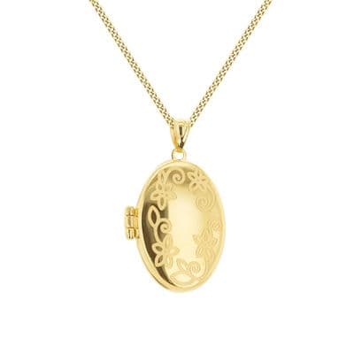 9ct Yellow Gold 17mm x 30mm Oval Flower Engraved Locket Pendant