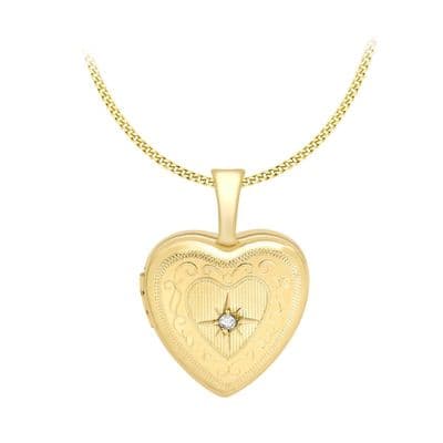 9ct Yellow Gold 18mm Diamond Set Etched Heart Locket