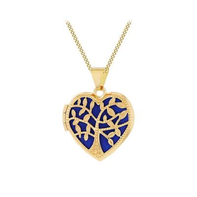 9ct Yellow Gold 19mm x 23.5mm Tree Of Life Heart Blue Locket Pendant
