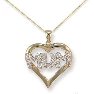 9ct Yellow Gold 2.8g Cubic Zirconia Mum Heart Pendant