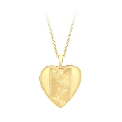 9ct Yellow Gold 20mm Etched Butterfly Detail Heart Locket