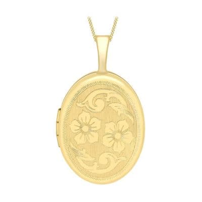 9ct Yellow Gold 25mm Etched Flower Detail Oval Locket
