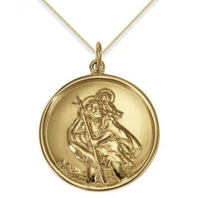 9ct Yellow Gold 26mm Round St Christopher Pendant Necklace