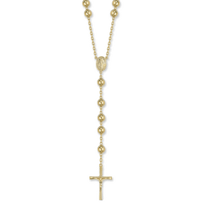 9ct Yellow Gold 28 Inch 8mm Rosary Bead Cross Necklace