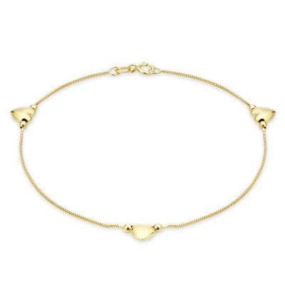 9ct Yellow Gold 3-Heart-Charm Box-Chain Anklet 26cm/10.5