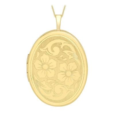 9ct Yellow Gold 32mm Etched Flower Detail Oval Locket