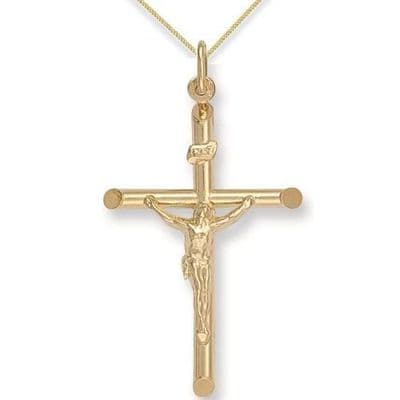 9ct Yellow Gold 50mm Round Tube Crucifix Pendant