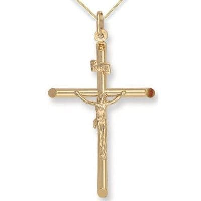9ct Yellow Gold 58mm Round Tube Crucifix Pendant