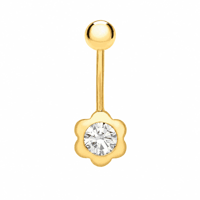 9ct Yellow Gold 5mm CZ 9mm x 24mm Flower Belly Bar