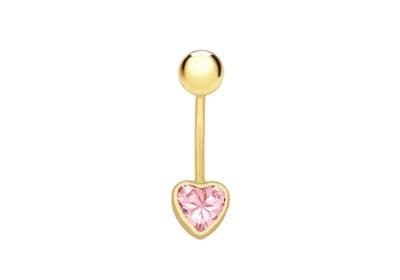 9ct Yellow Gold 5mm Pink CZ 6mm x 21mm Heart Belly-Bar