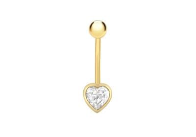9ct Yellow Gold 6mm CZ 7mm x 22mm Heart Belly-Bar