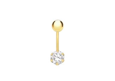 9ct Yellow Gold 6mm Round White CZ 6mm x 19mm Belly Bar