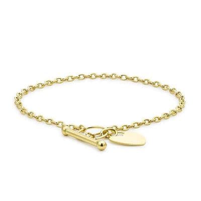 9ct Yellow Gold 7 Inch 2mm Oval Belcher Heart Tag Albert T-Bar Bracelet