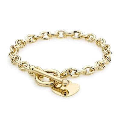9ct Yellow Gold 7 Inch Oval Belcher Heart Tag Albert T-Bar Bracelet