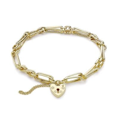 9ct Yellow Gold Bar Link and Panther Heart Padlock Bracelet