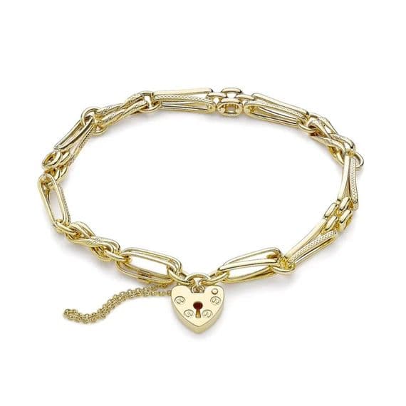 9ct Yellow Gold Bar Link and Panther Heart Padlock Bracelet