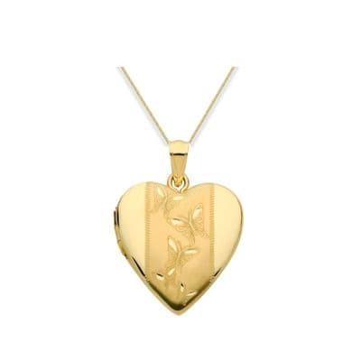 9ct Yellow Gold Butterfly Patterned Heart Locket