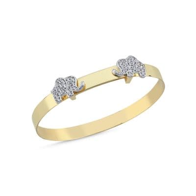 9ct Yellow Gold Childrens CZ Double Elephant Expandable Bangle