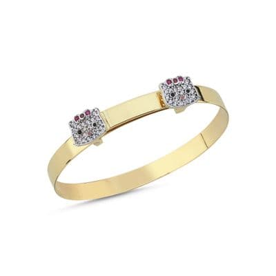 9ct Yellow Gold Childrens CZ Double Kitty Expandable Bangle
