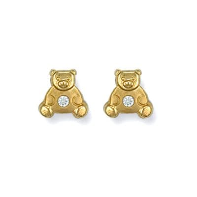 9ct Yellow Gold Childrens CZ Teddy Bear Stud Earrings